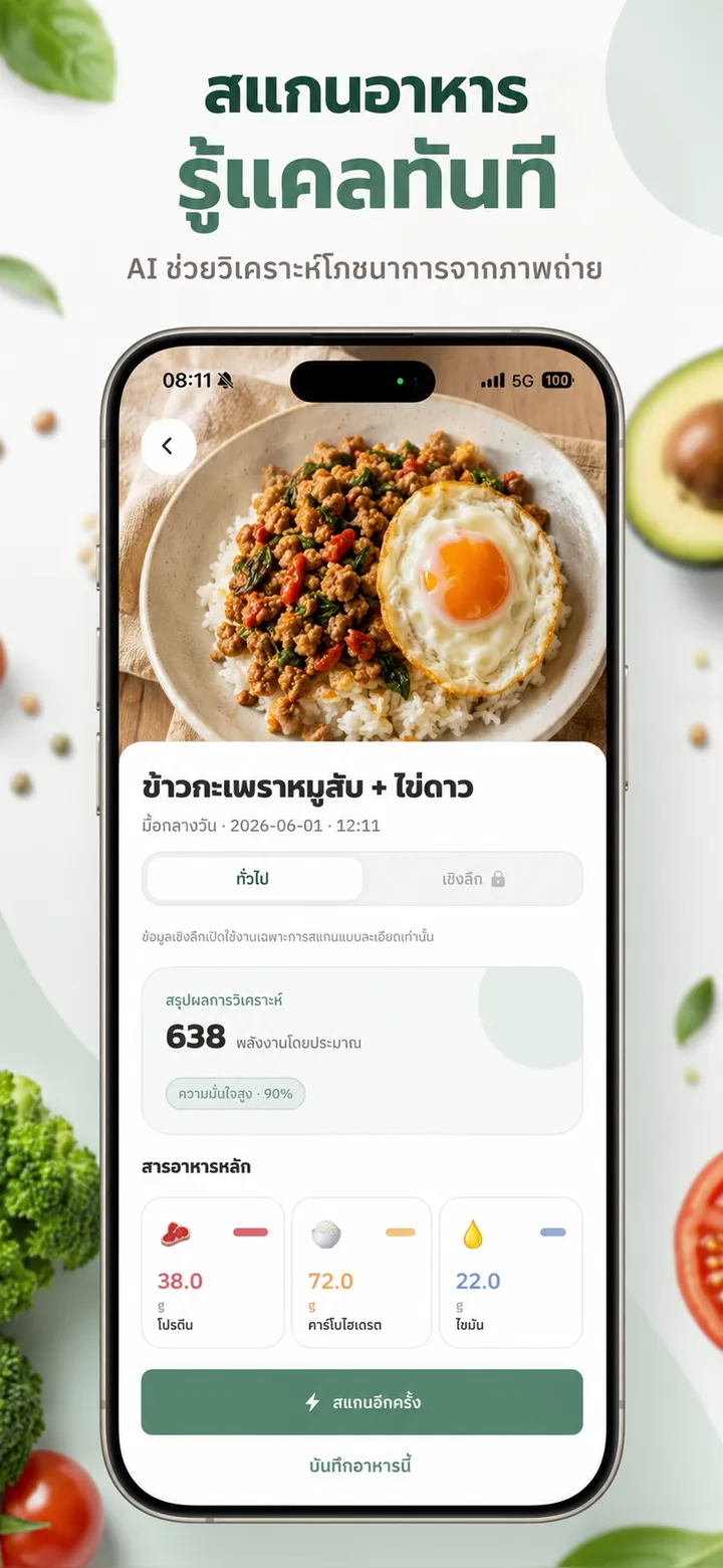 หน้าผลสแกนอาหารในแอป NUBI แสดงแคลอรี่และสารอาหารหลัก